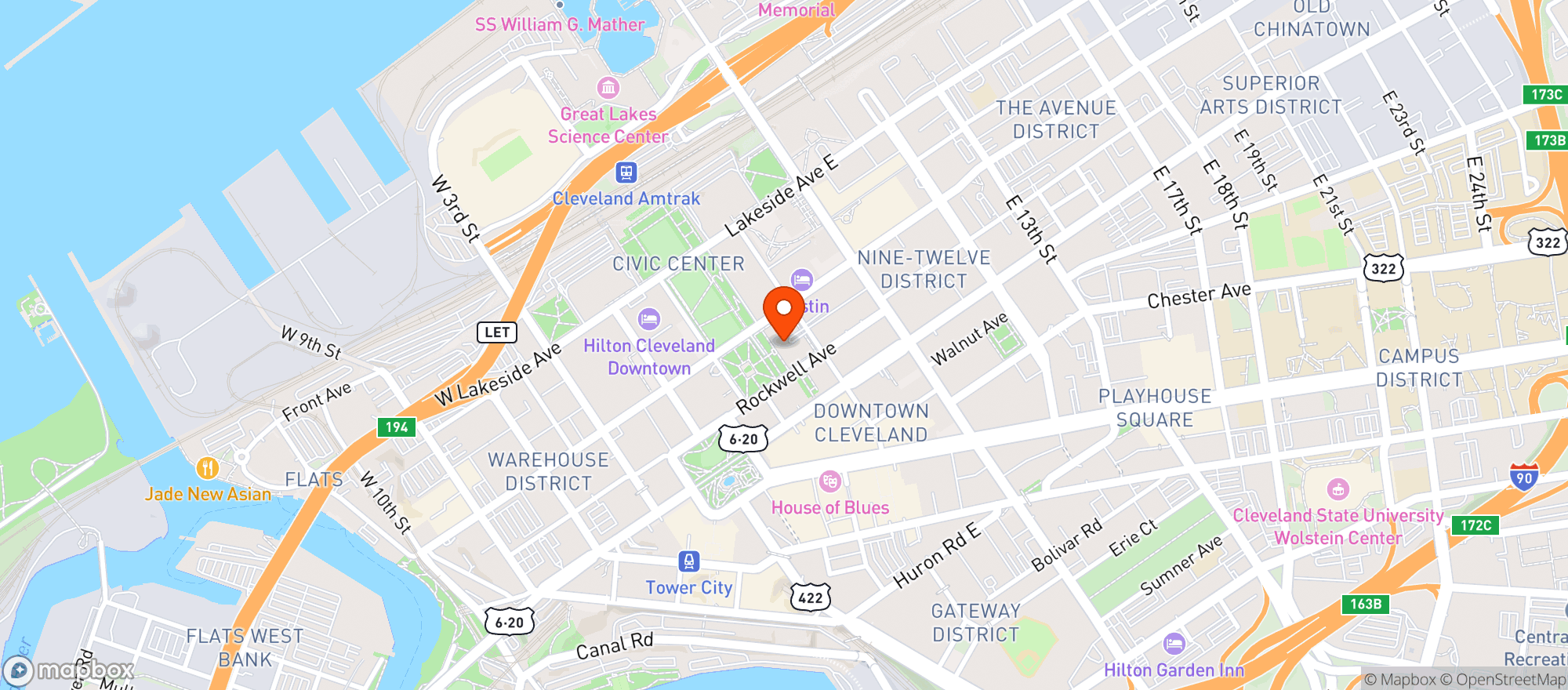 Map showing Drury Plaza Hotel