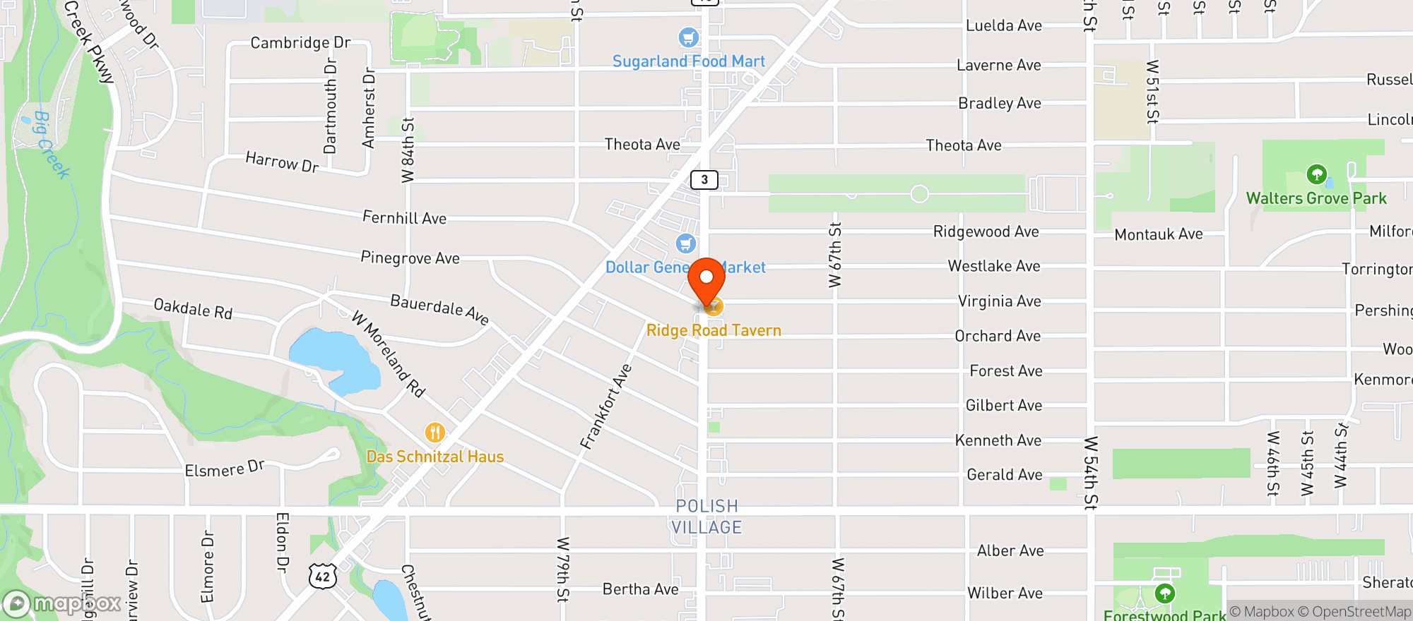 Map showing Ridge Road Tavern