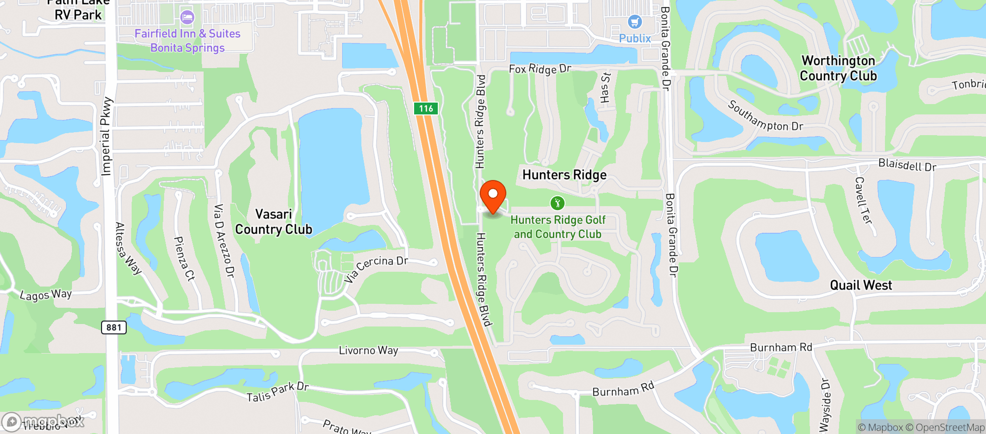Map showing Hunters Ridge Country Club