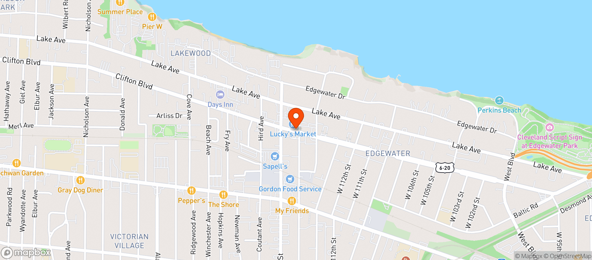 Map showing Luckys Market - Cleveland