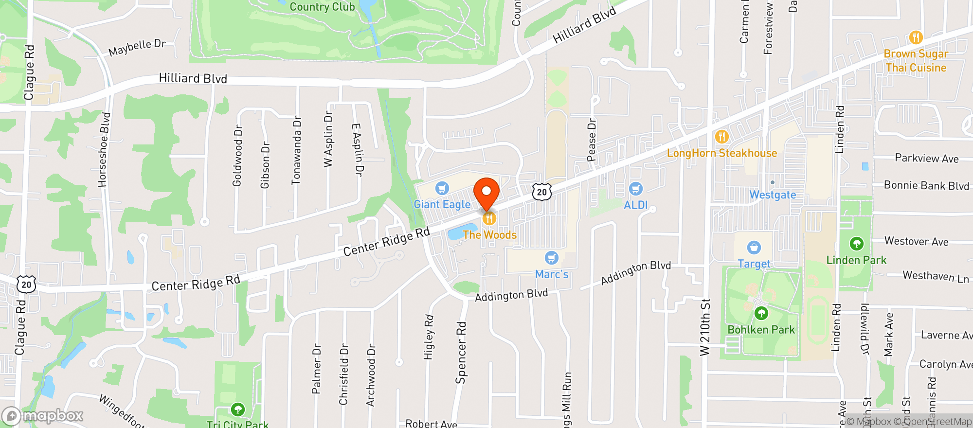 Map showing The Woods Restaurant