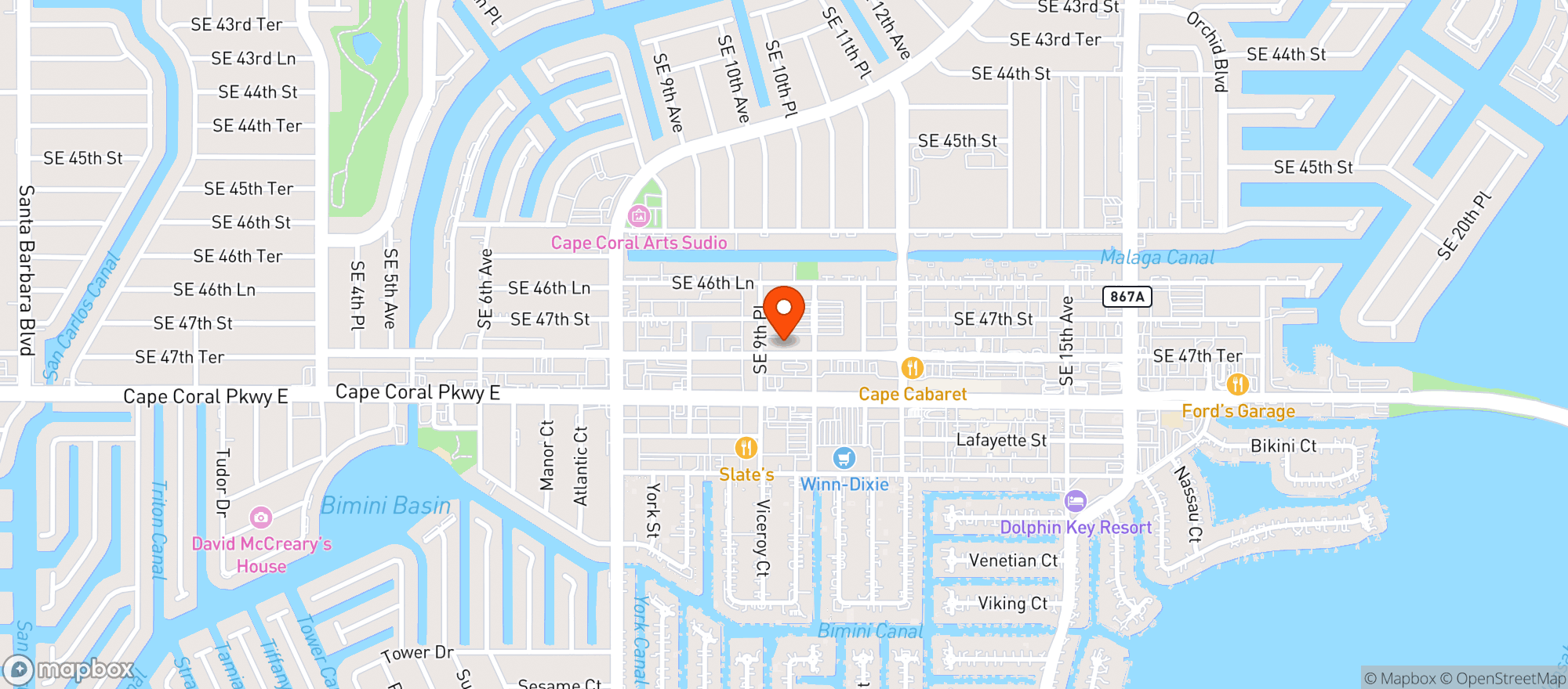 Map showing Back Streets Sports Bar