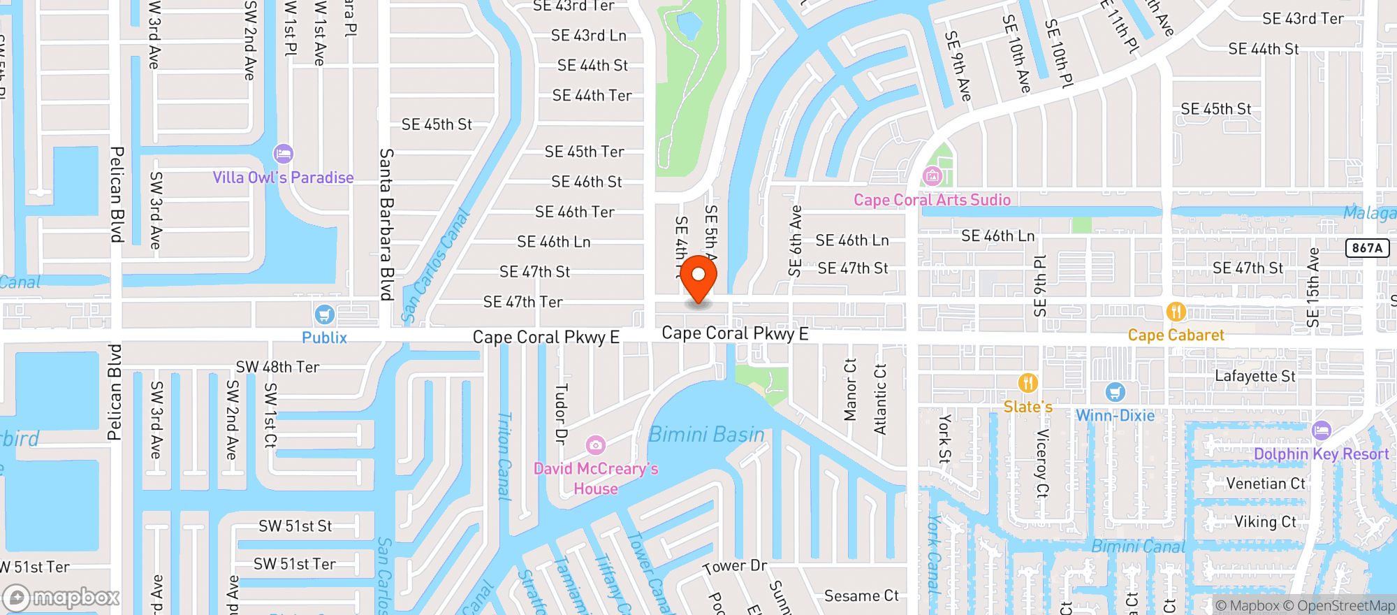 Map showing SIDECAR TREATS CAPE CORAL