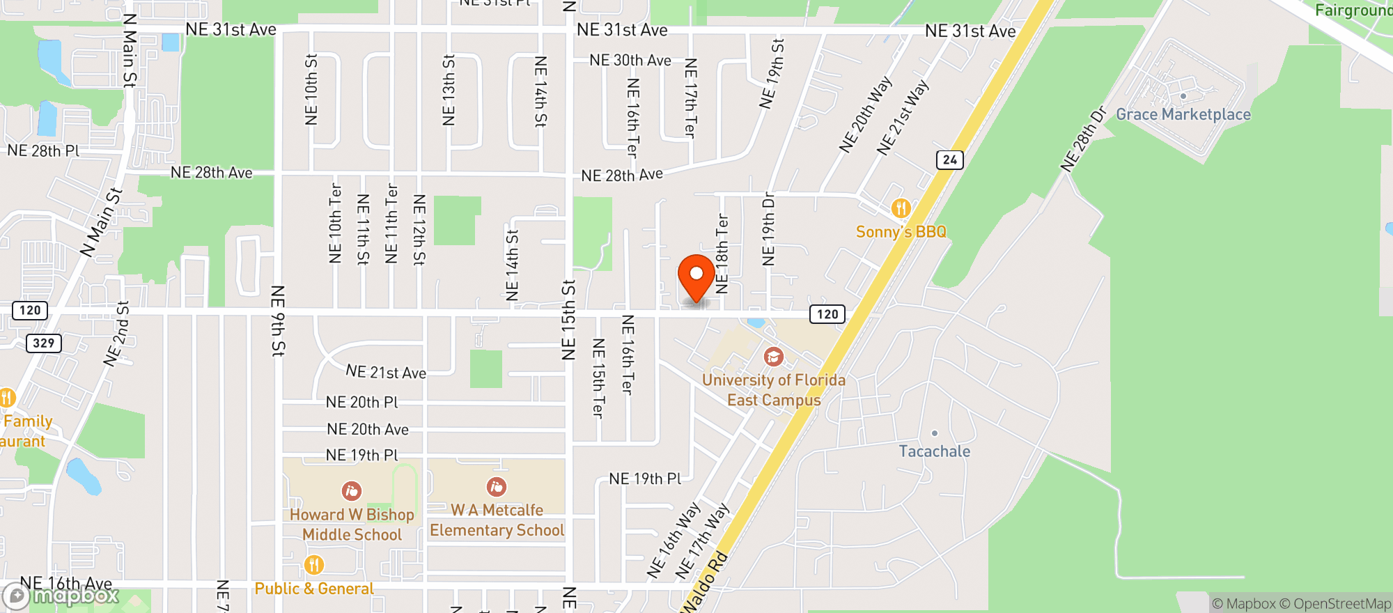 Map showing Satchels Pizza