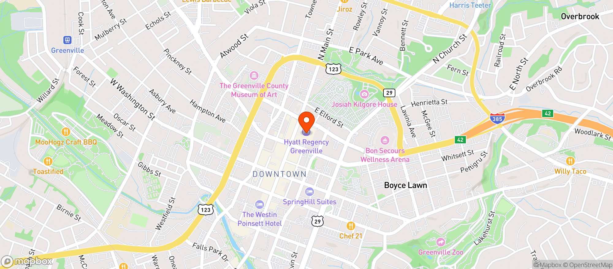 Map showing Hyatt Regency Greenville