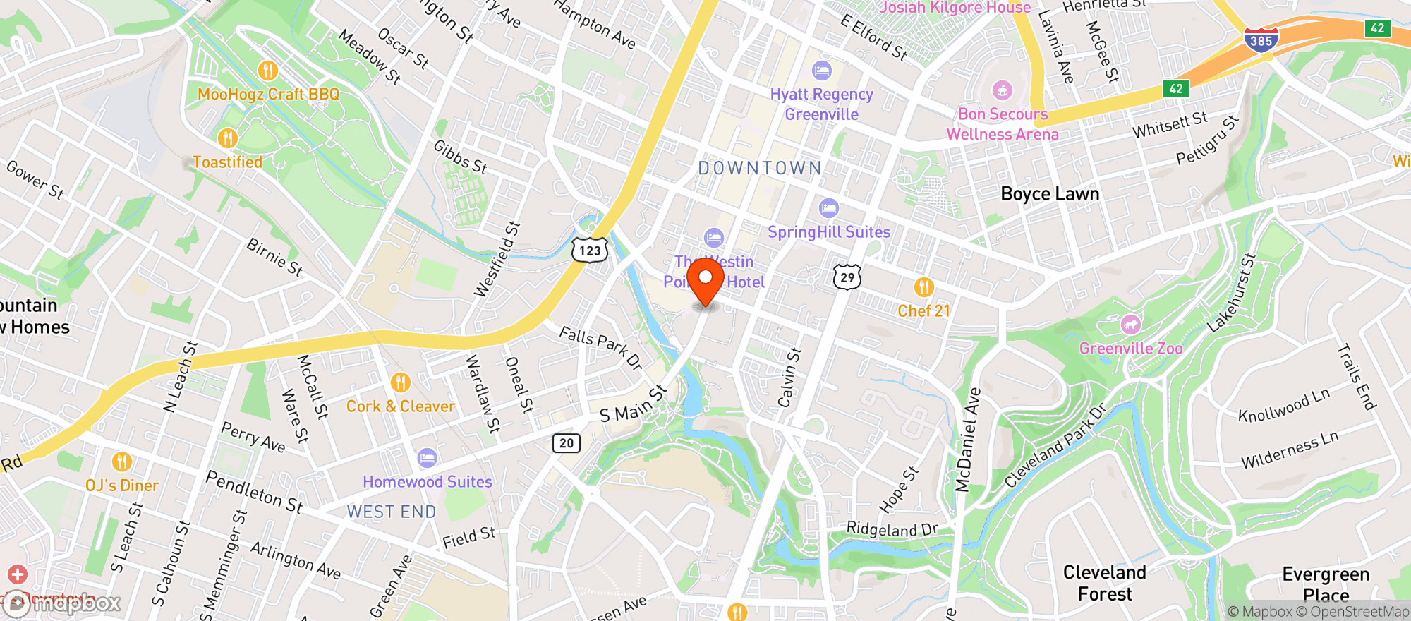 Map showing The Peace Center