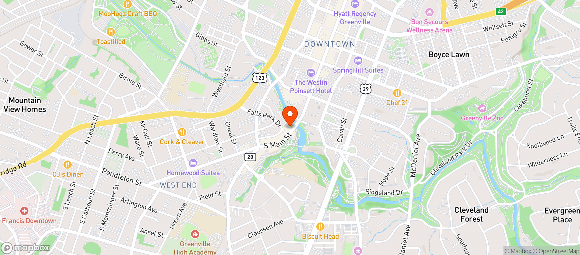Map showing Halls Chophouse Greenville