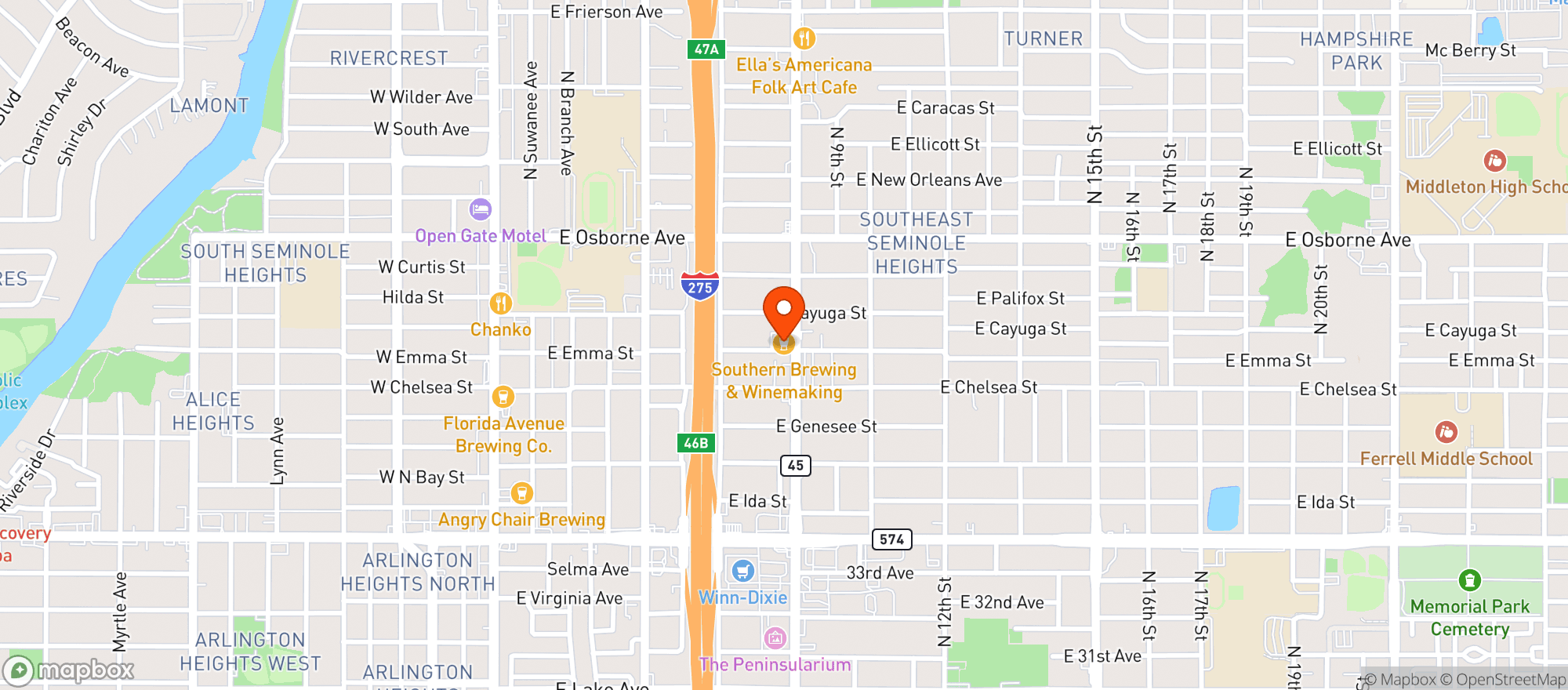 Map showing Southern Brewing