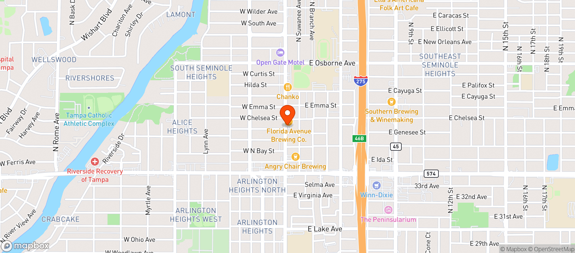 Map showing Florida Avenue Brewing Company - Tampa