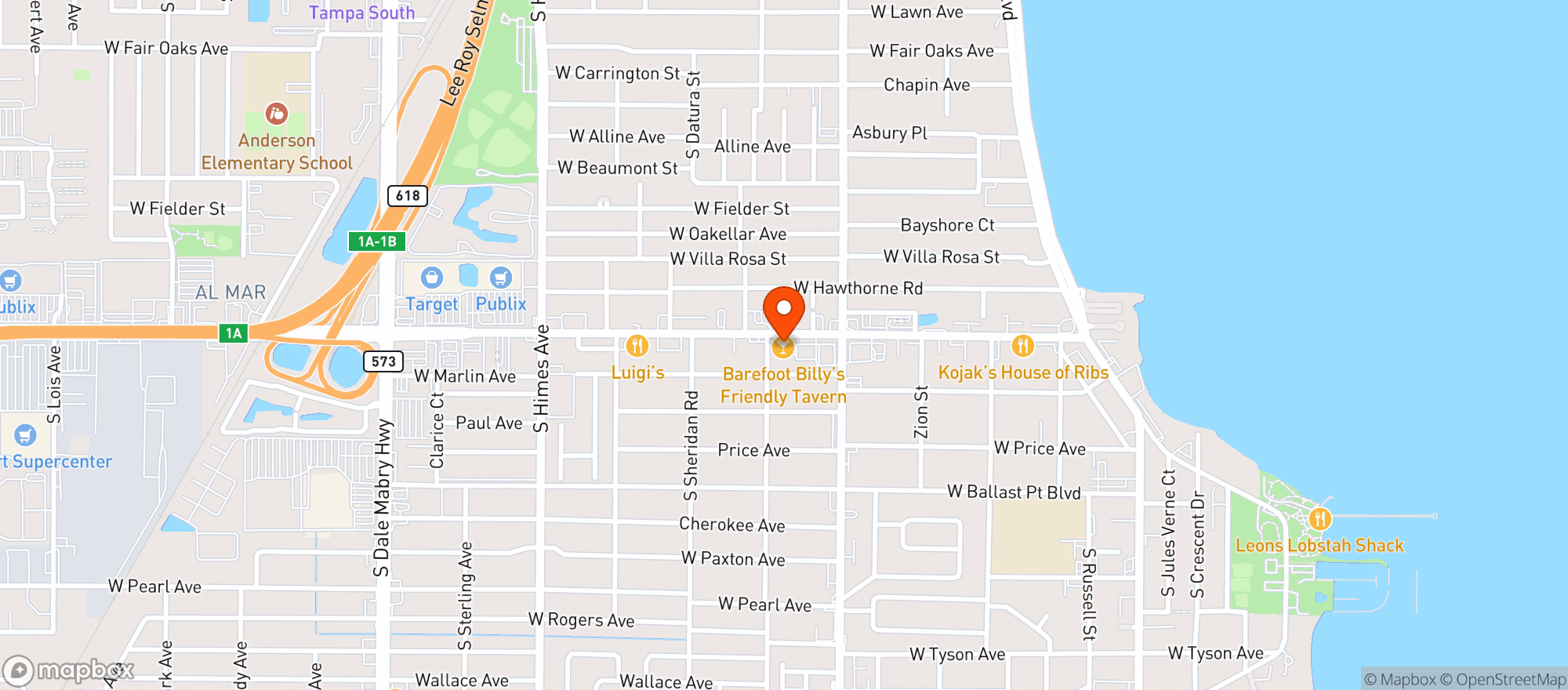 Map showing Barefoot Billys Tavern