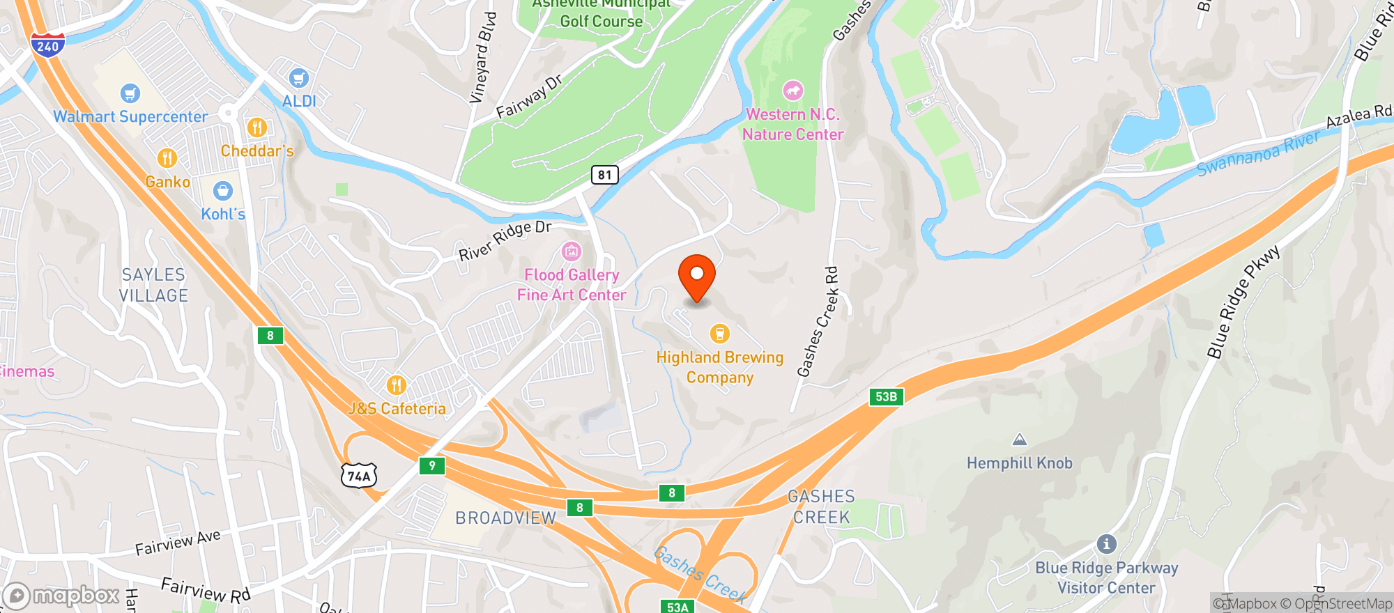 Map showing Highland Brewing Co