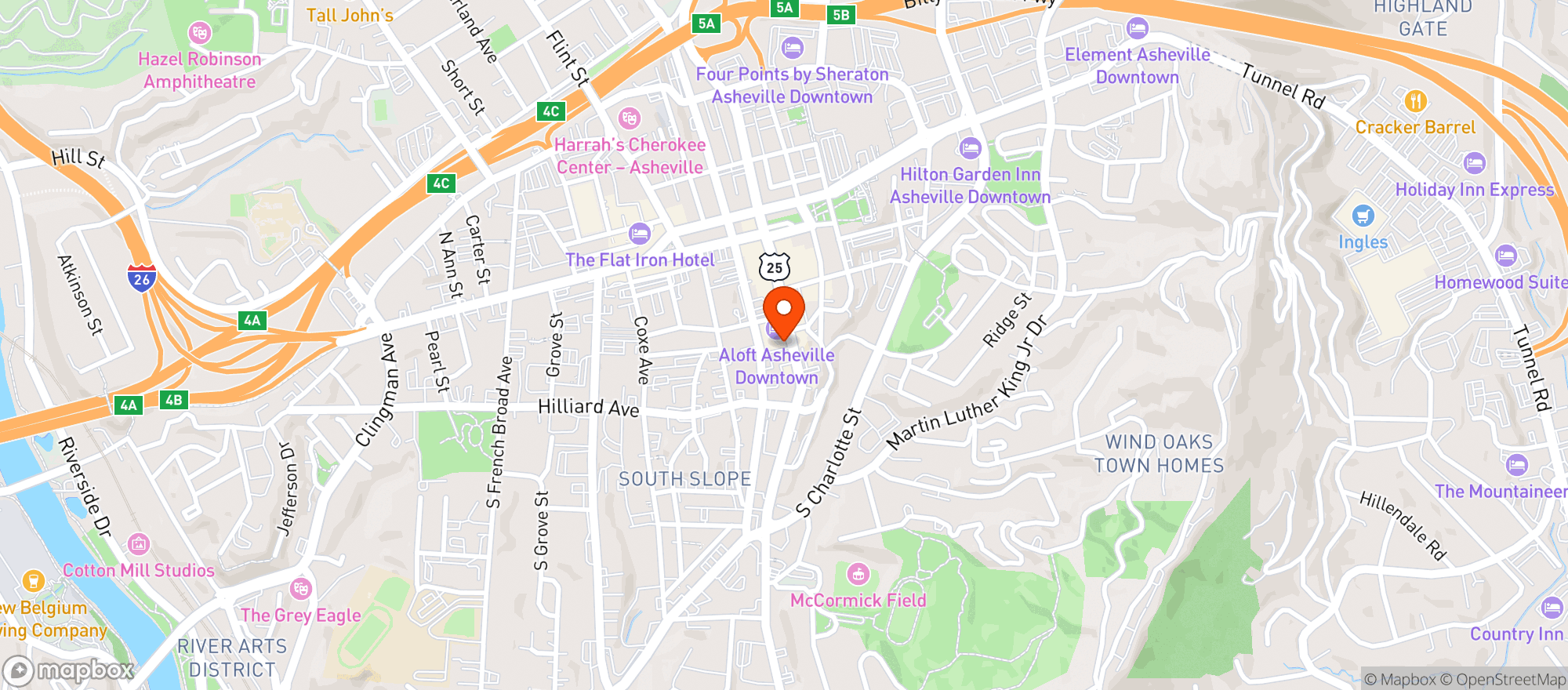 Map showing Moxy-aloft Asheville