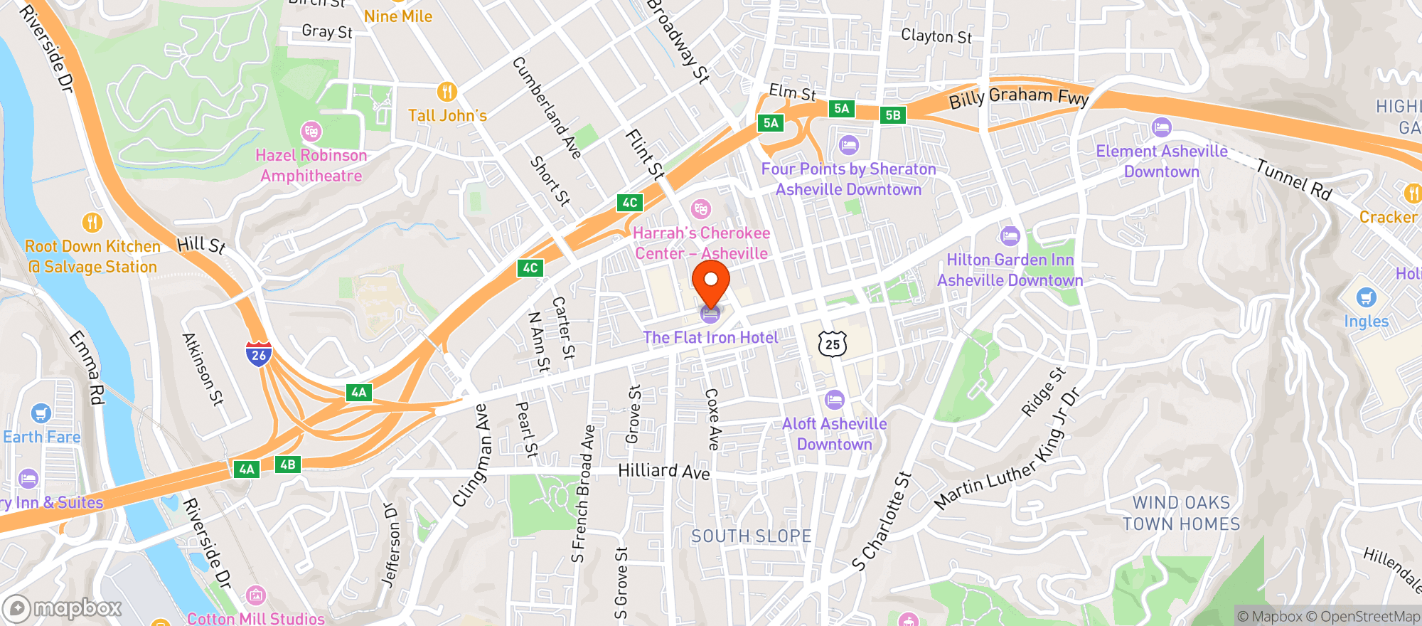 Map showing The Flat Iron Hotel