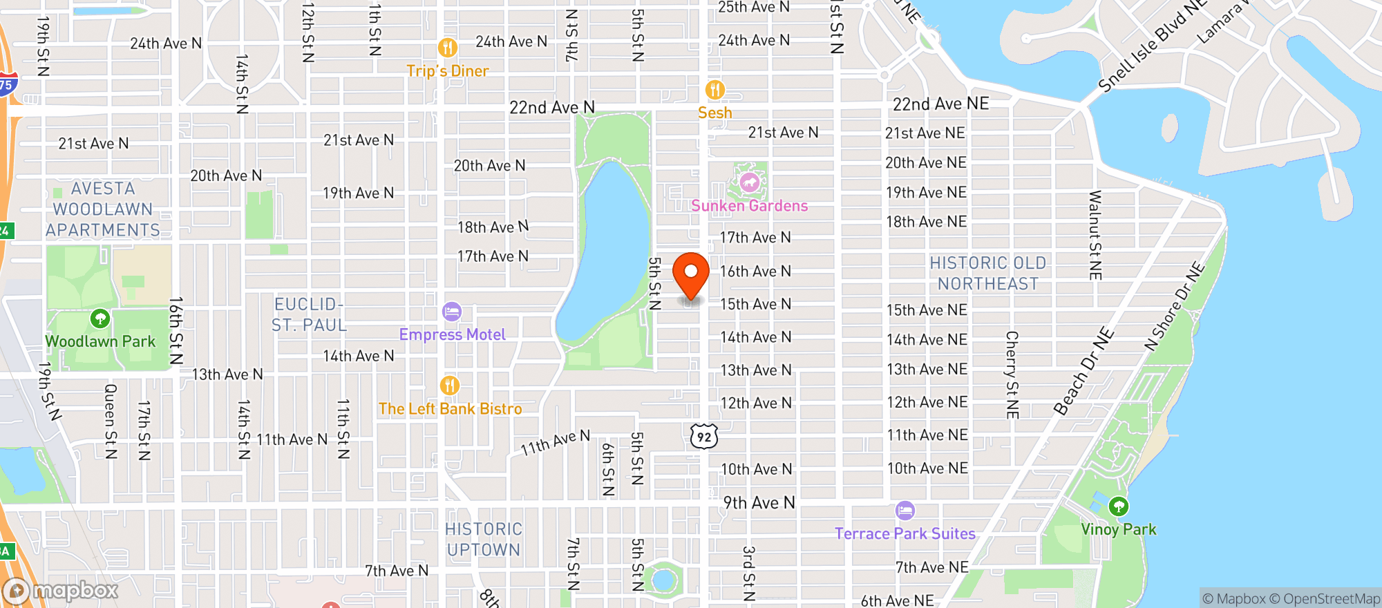 Map showing Three Birds Tavern