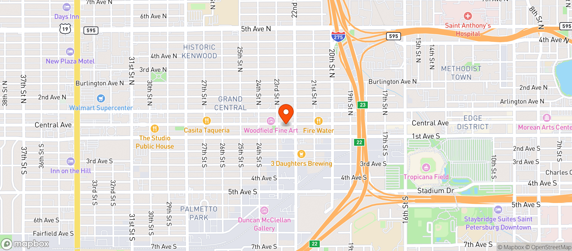 Map showing The Muddy Root - Central Ave