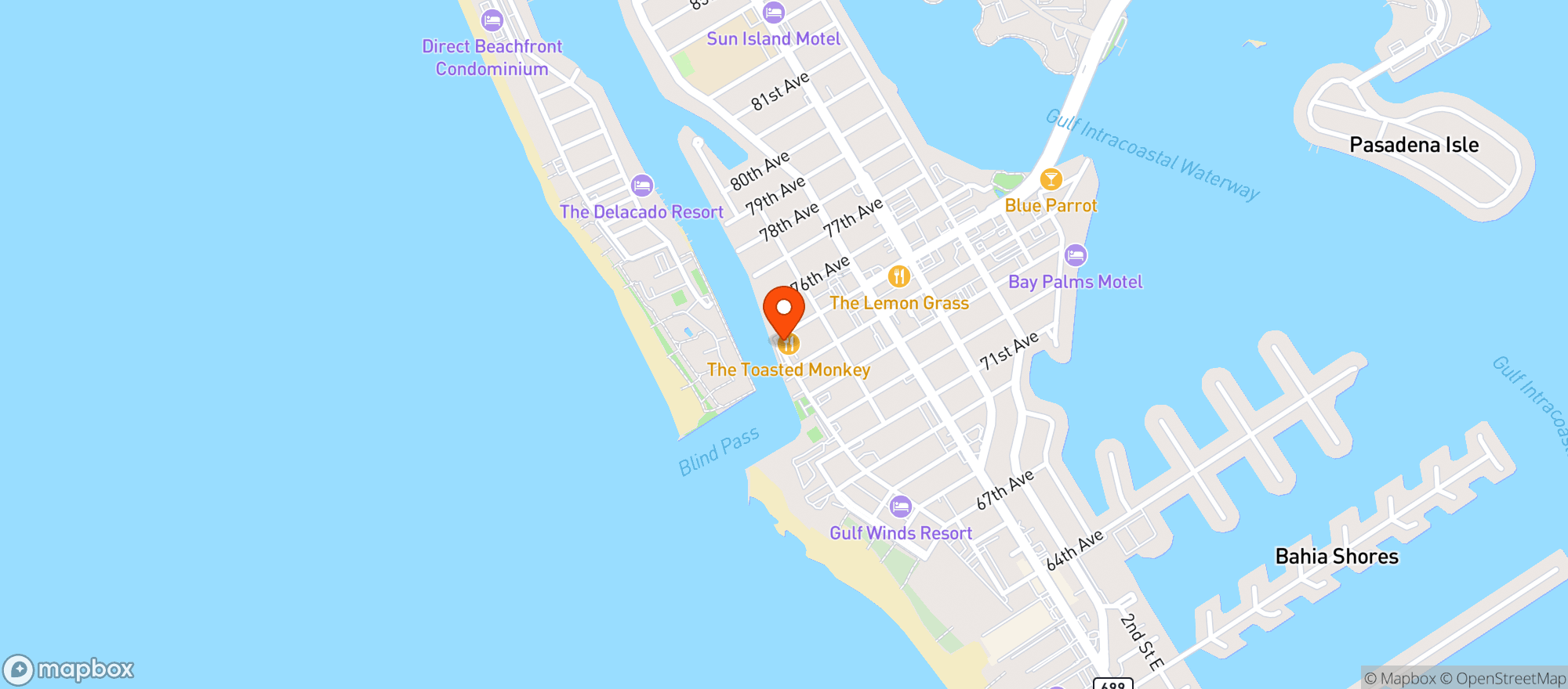 Map showing Toasted Monkey Beach Bar
