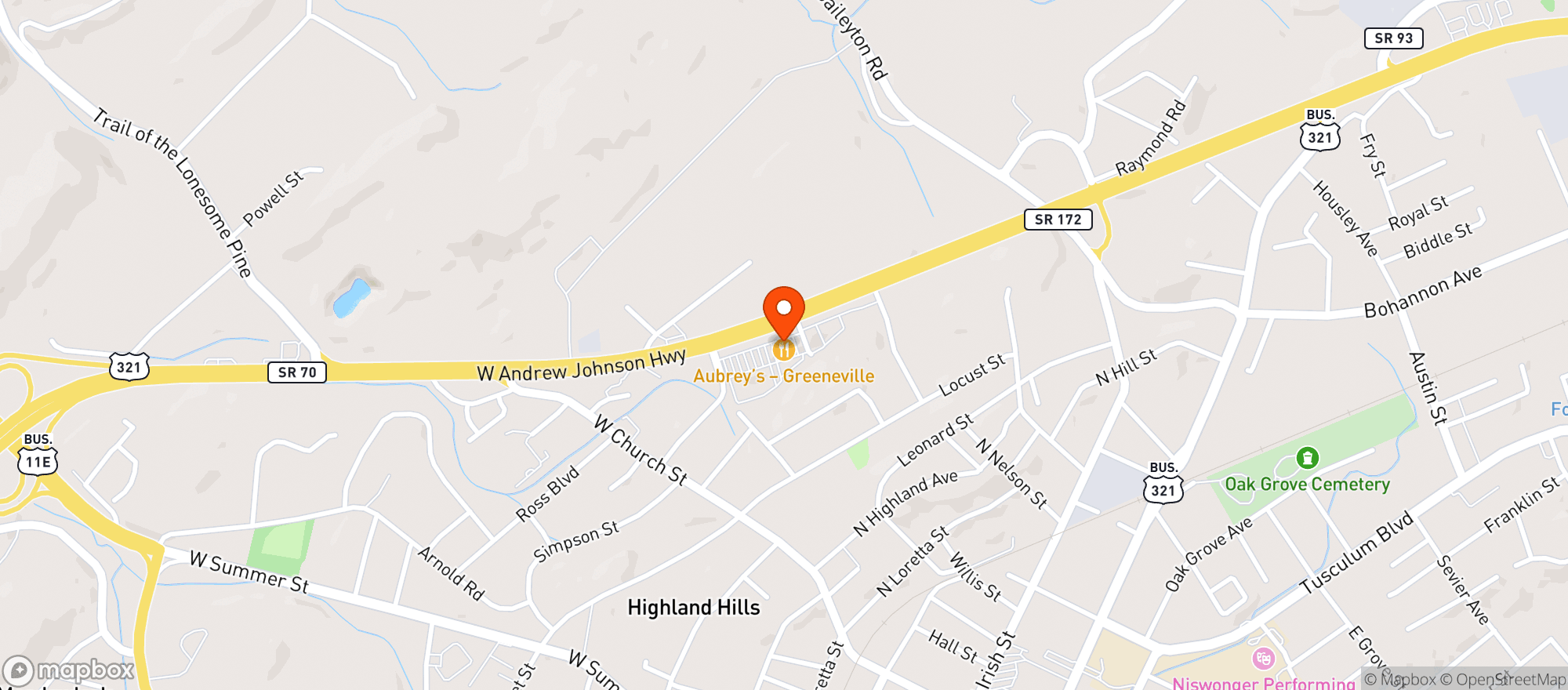 Map showing Aubreys Restaurant