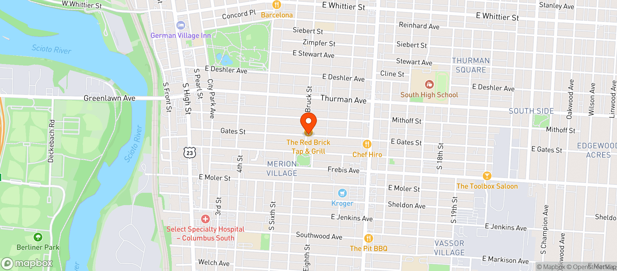 Map showing The Red Brick Tap & Grill