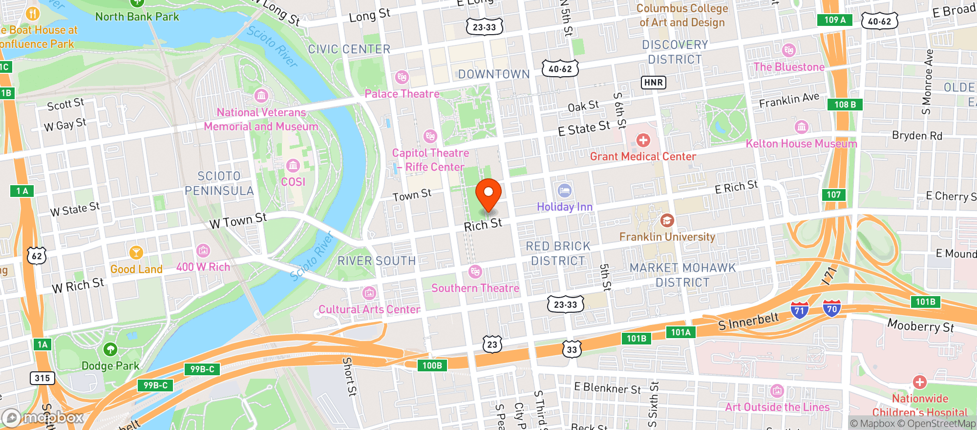 Map showing Columbus Commons