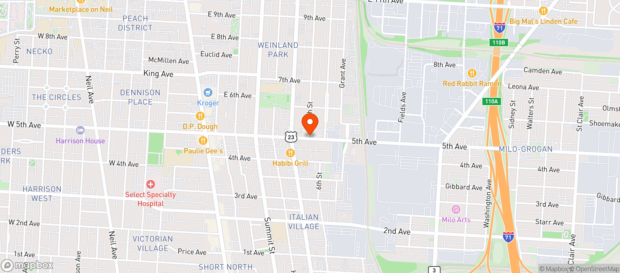 Map showing The Cafe On East 5th