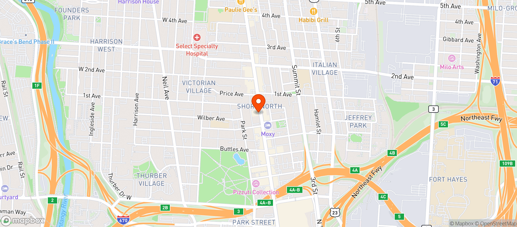 Map showing The Alibi Bourbon & Cocktail Lounge