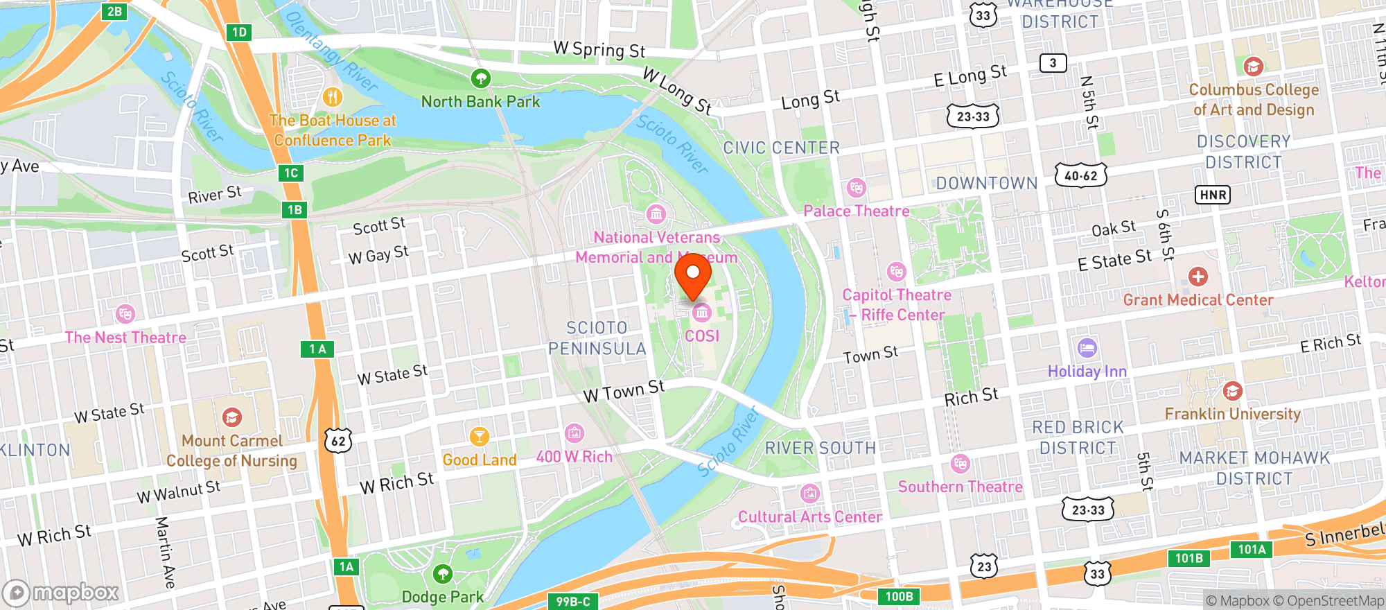 Map showing Center Of Science And Industry (cosi)