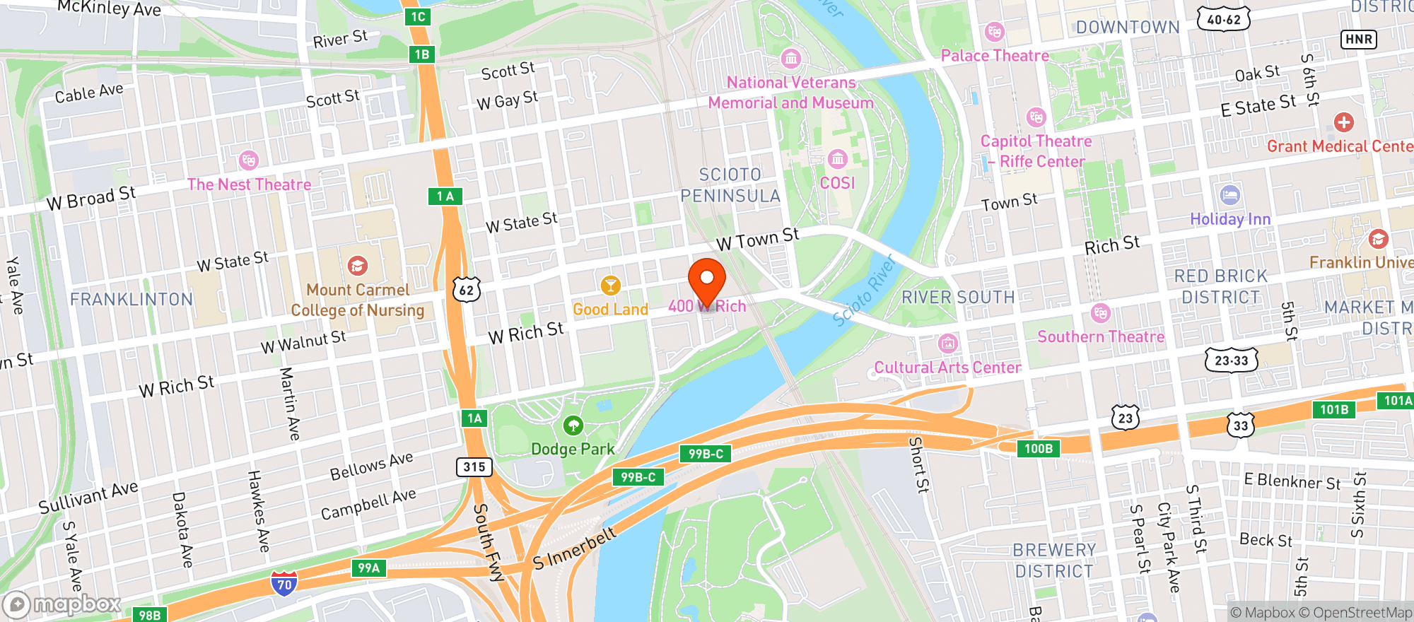 Map showing Yellow Brick Pizza