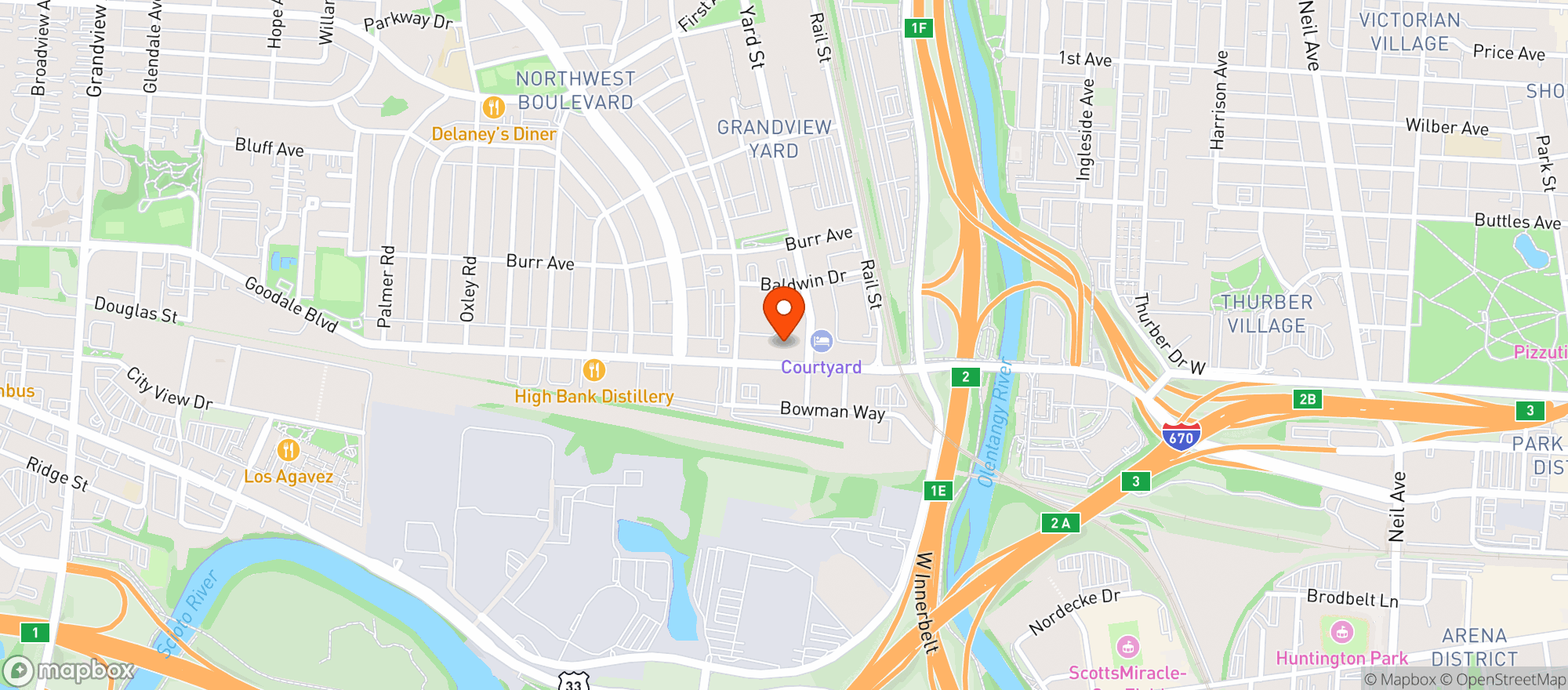Map showing Pastimes Pub At Grandview Yard