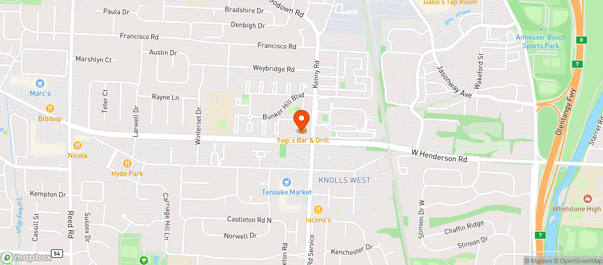 Map showing Yogis Bar & Grill