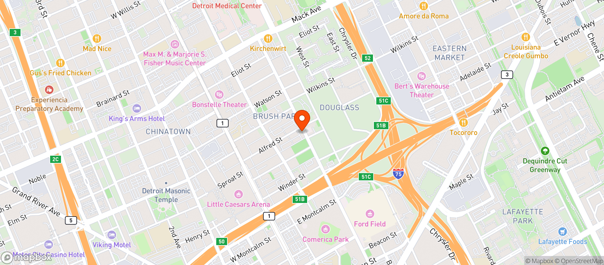 Map showing Brush Park Bodega