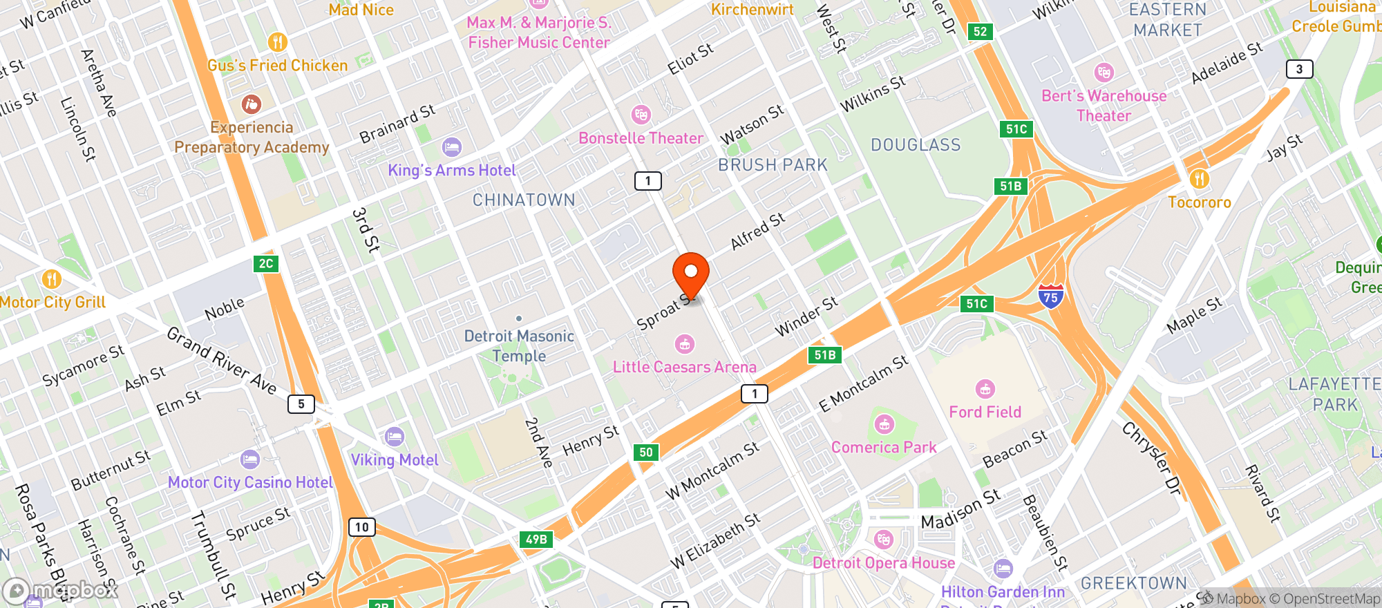 Map showing Dn Little Caesars Arena