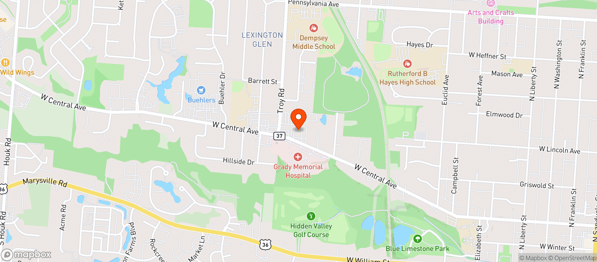 Map showing Scoreboard Pub & Grill