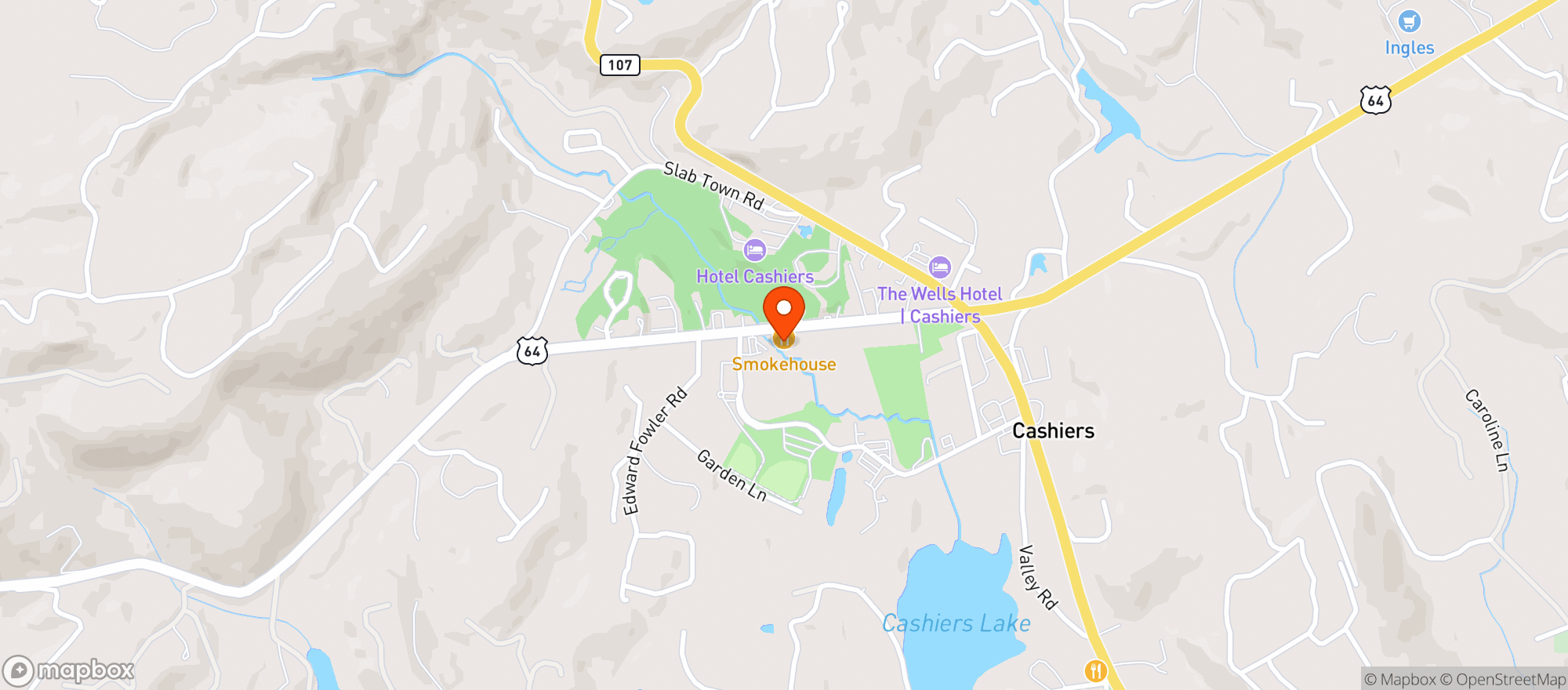 Map showing Cashiers Valley Smokehouse
