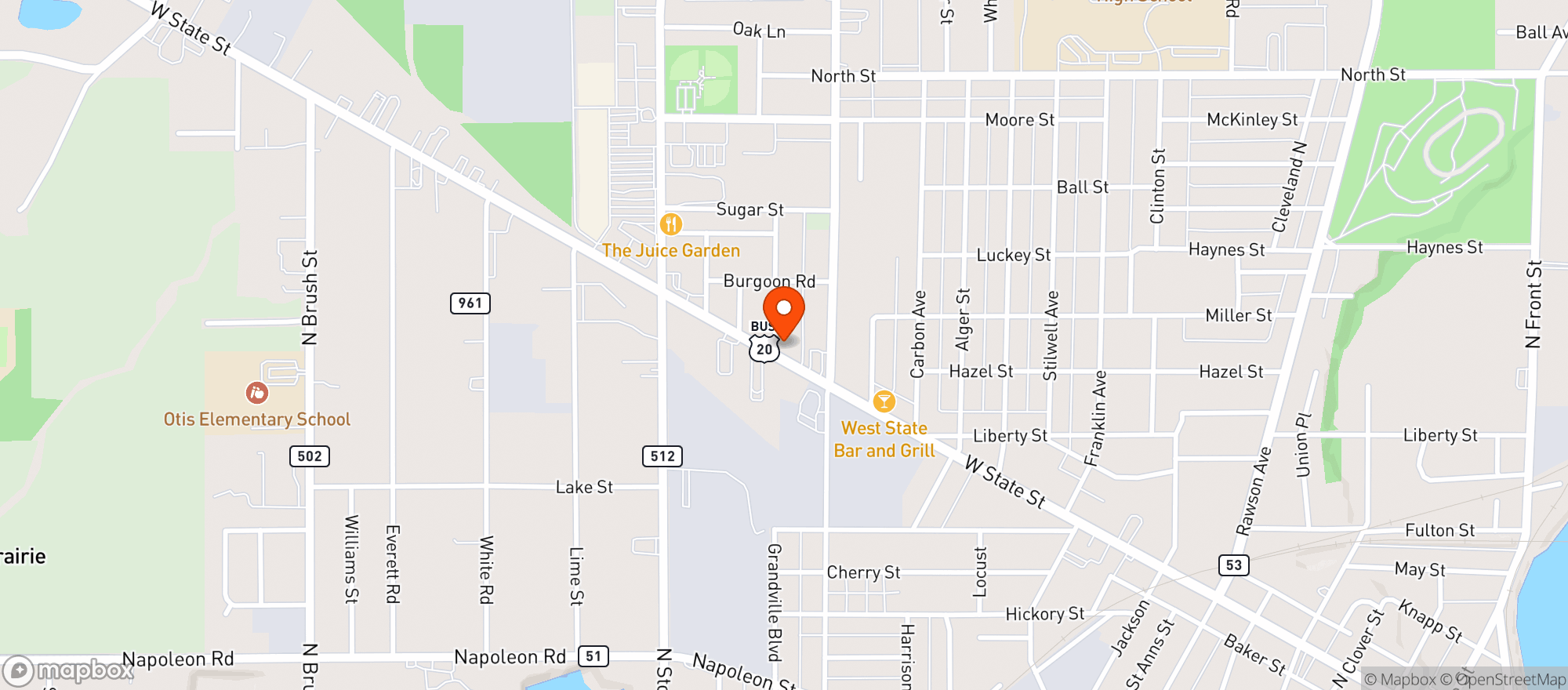 Map showing Buds Tavern