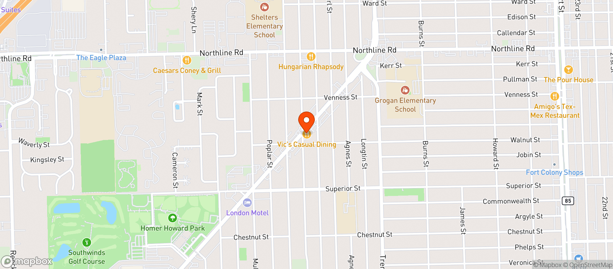 Map showing Vics Casual Dining