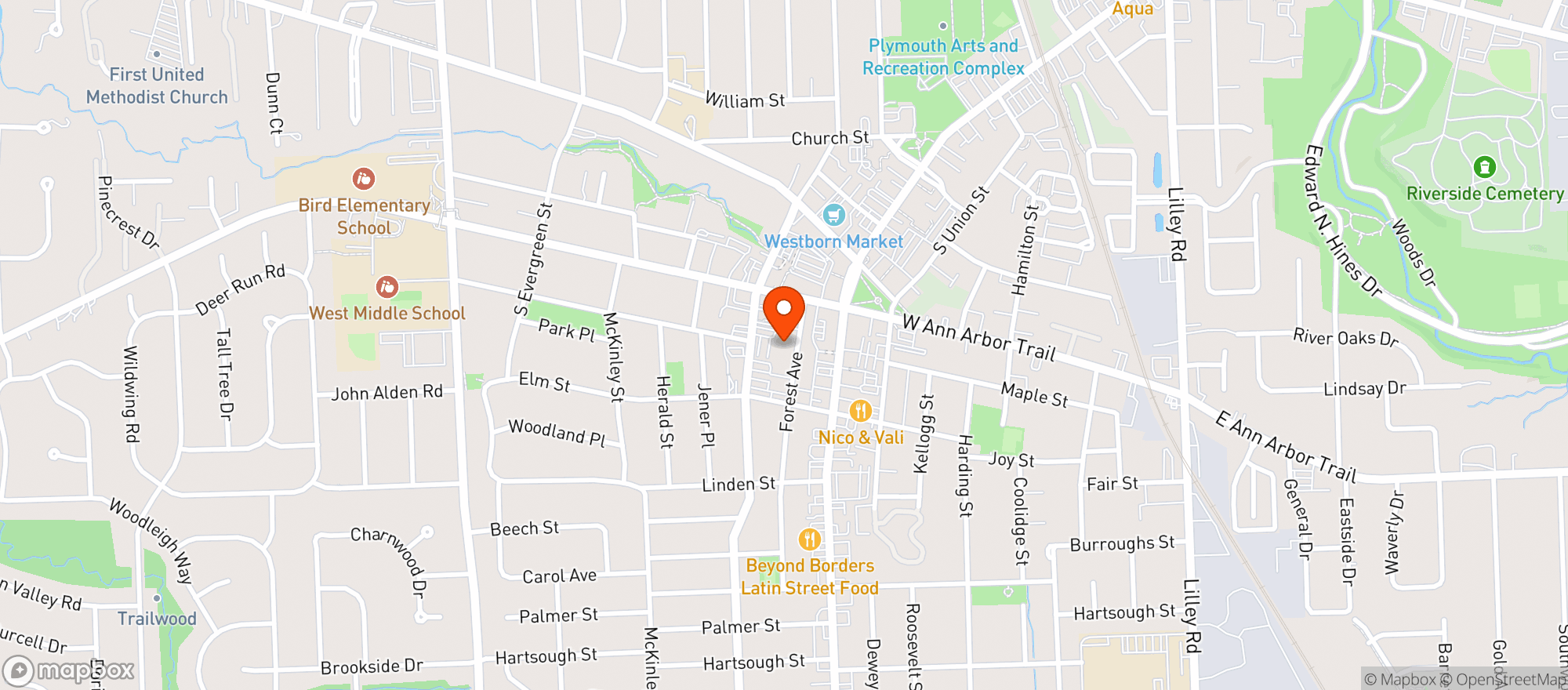 Map showing E.G. Nick's Downtown Plymouth