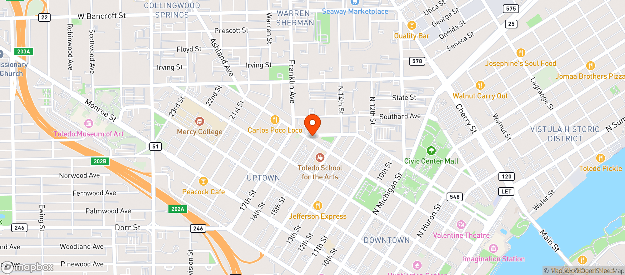 Map showing Manhattans Restaurant