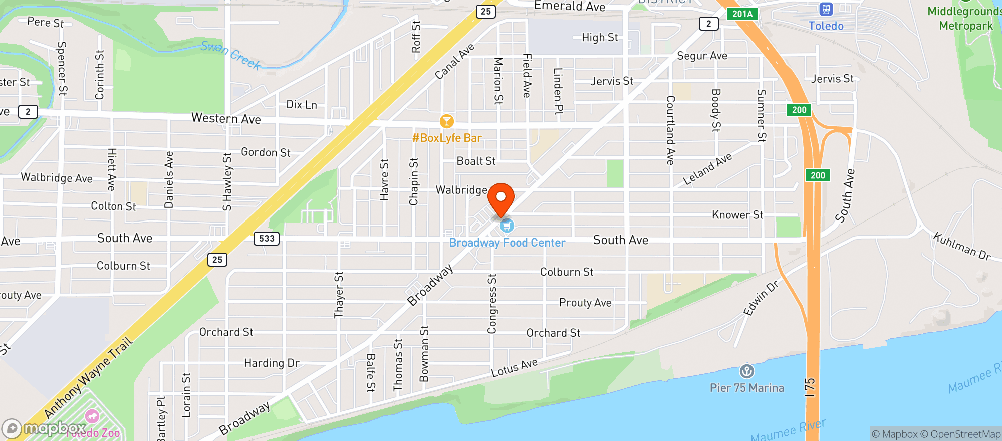 Map showing Broadway Food Center