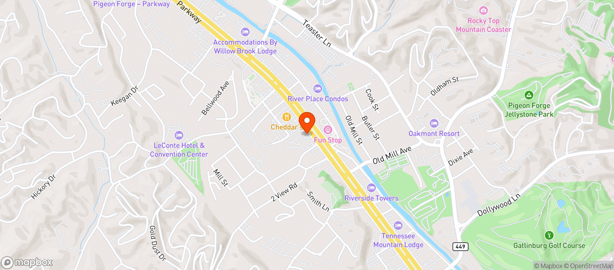 Map showing Super 8 By Wyndham Pigeon Forge Downtown