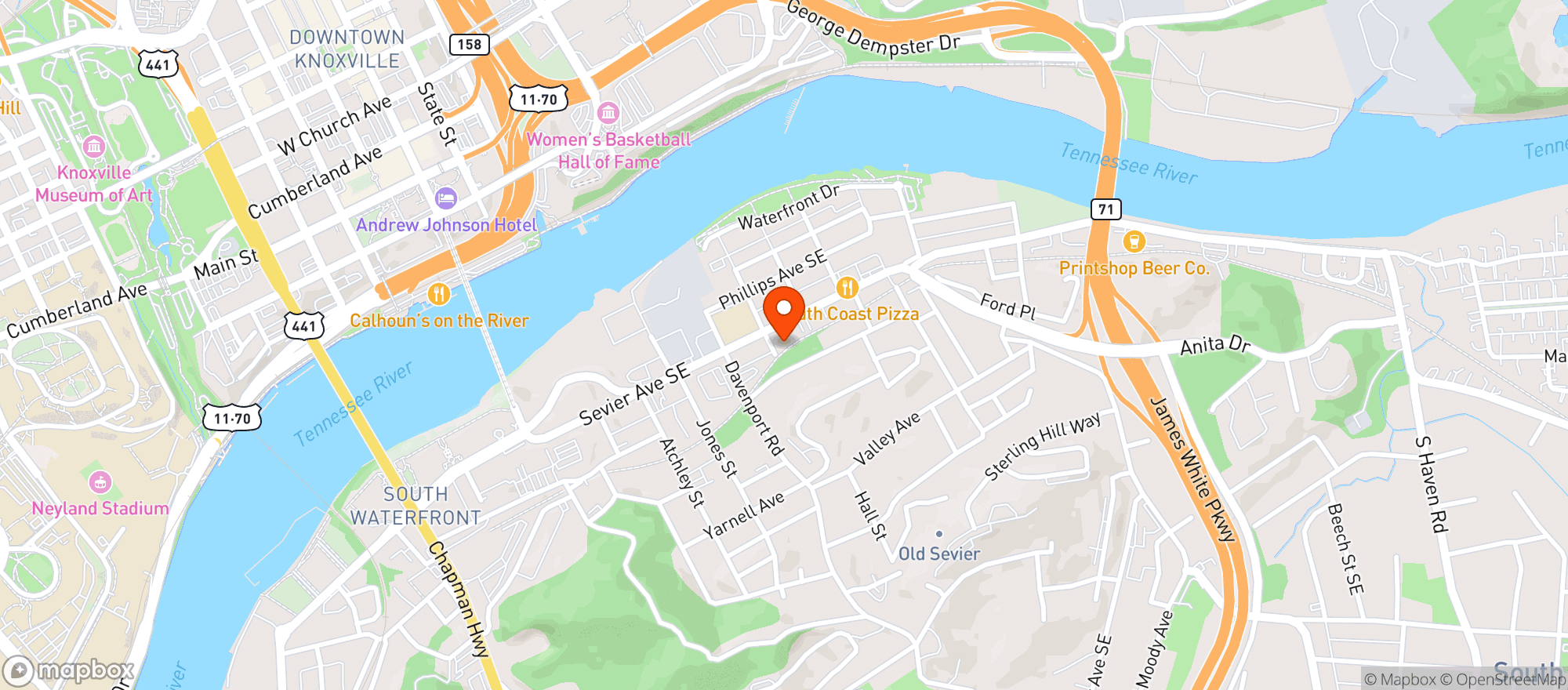Map showing Hi-Wire Brewing Knoxville
