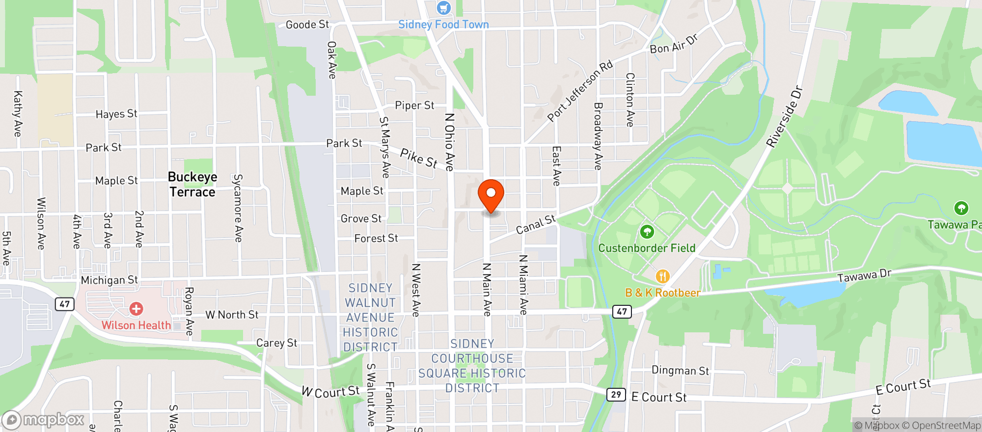 Map showing Main Stop Drive Thru