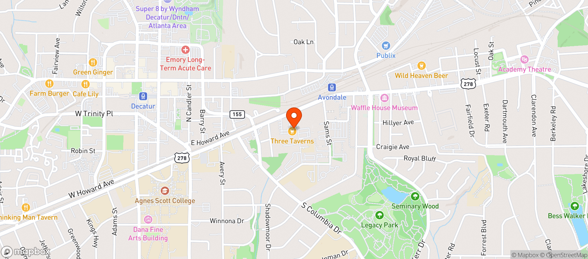 Map showing Three Taverns Craft Brewery