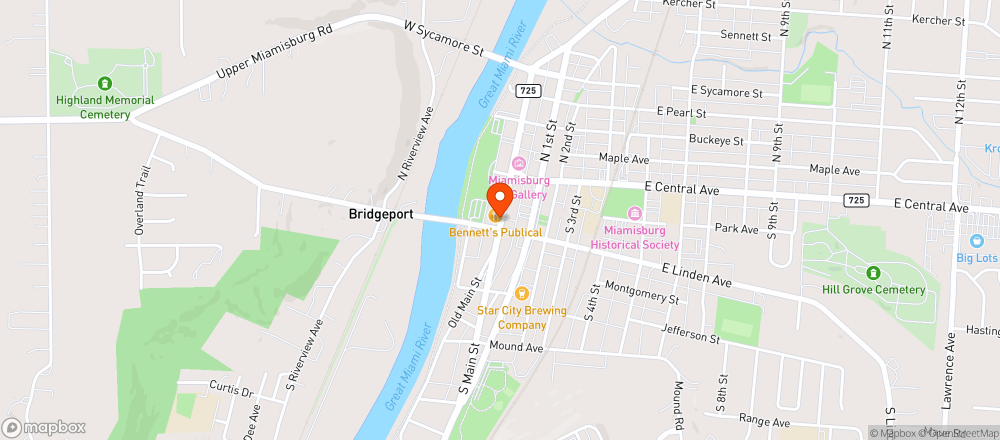 Map showing Bennett's Publical Family Sports Grill