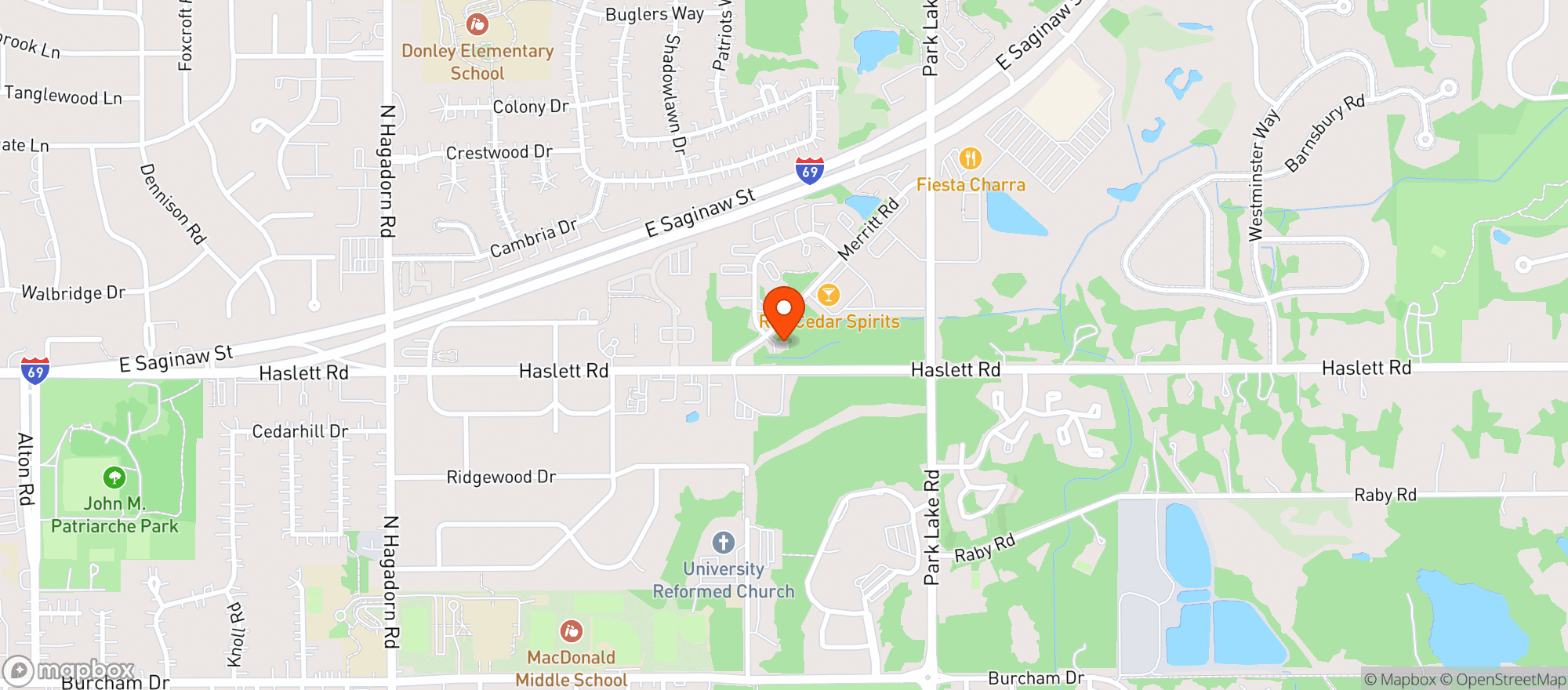 Map showing Pleasantrees Cannabis Dispensary East Lansing