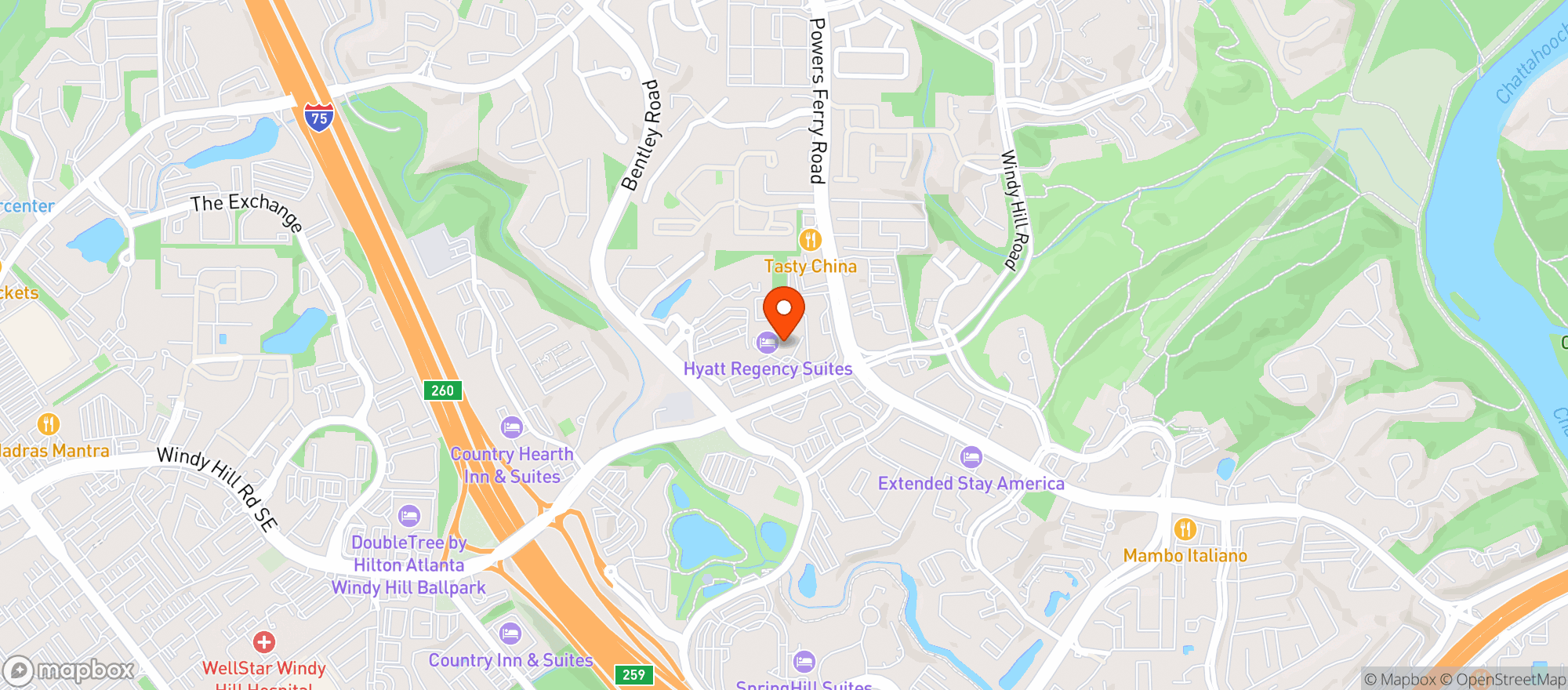 Map showing Hyatt Regency Atlanta Suites