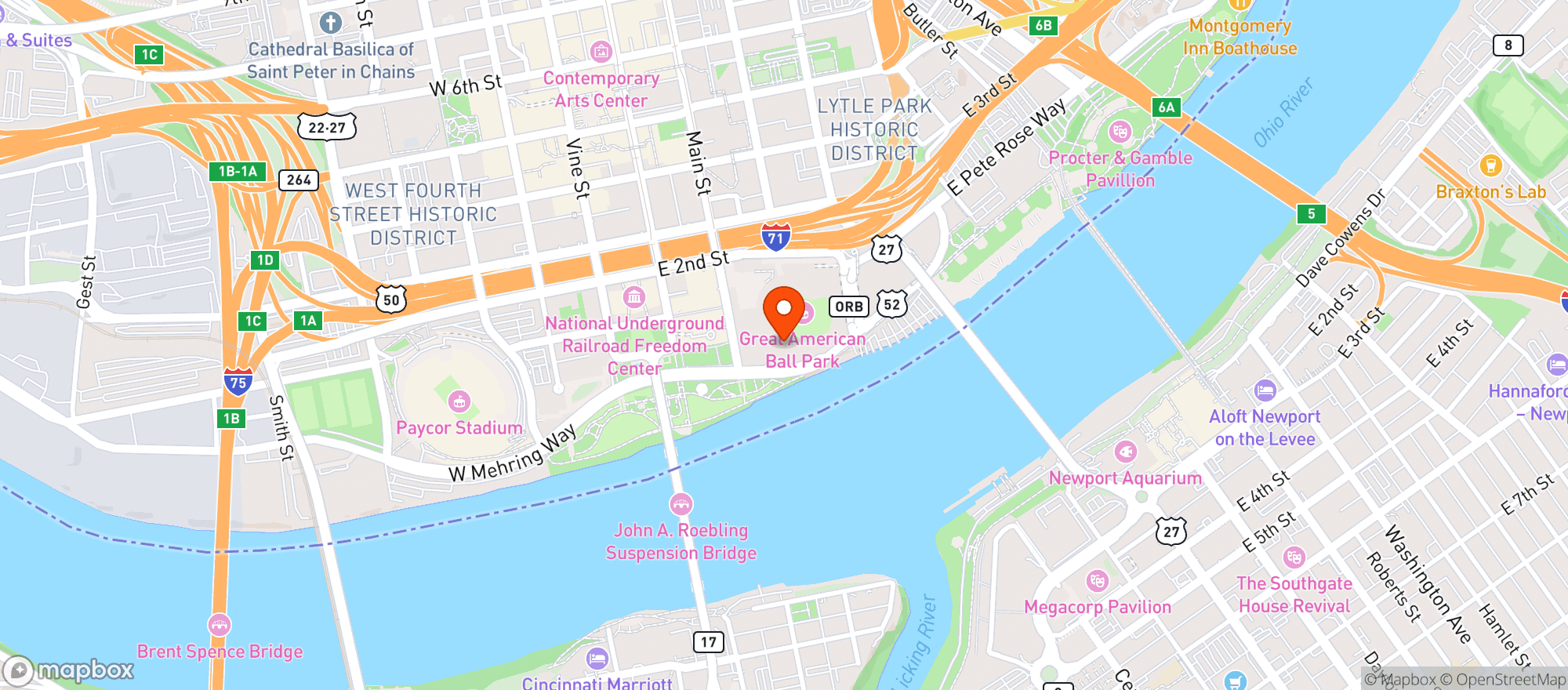 Map showing The Handlebar at the Riverfront Club presented by JACK Cincinnati Casino