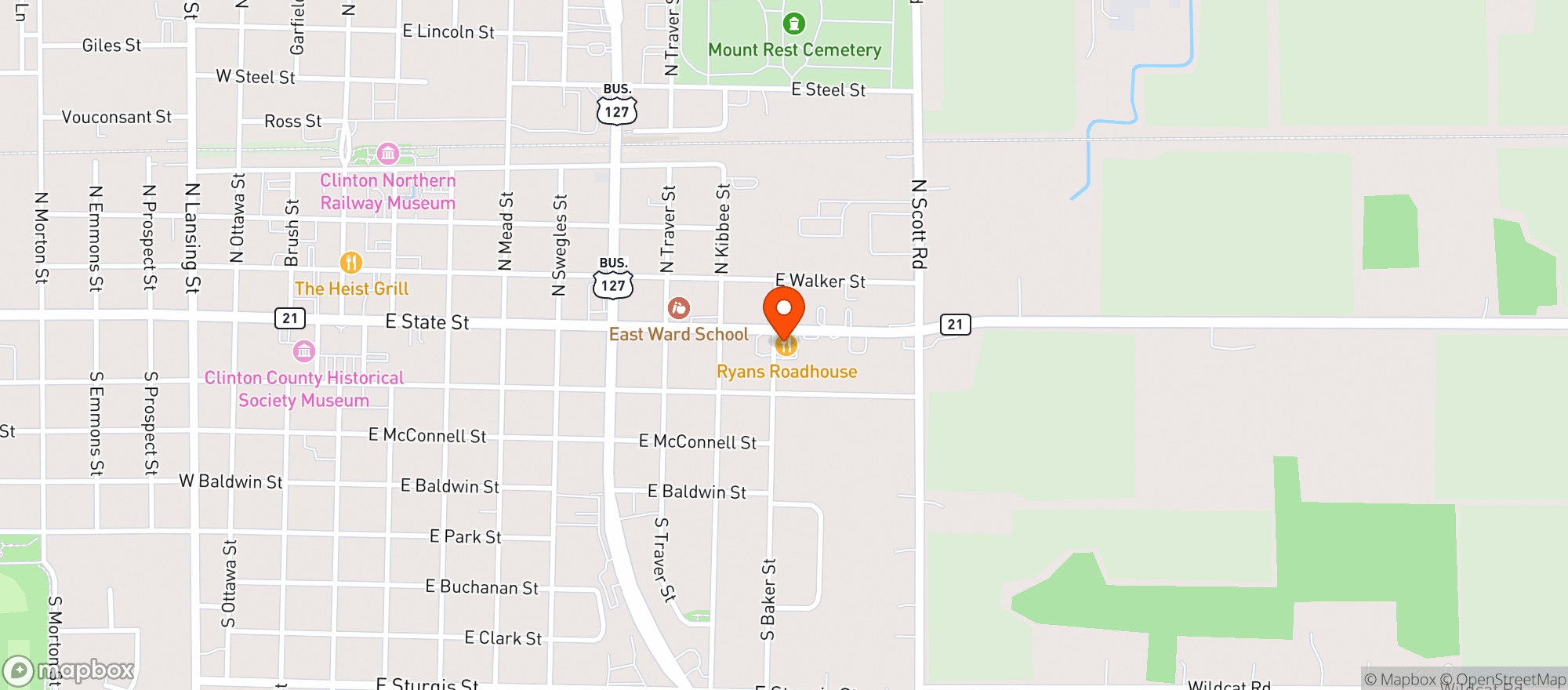 Map showing Ryans Roadhouse