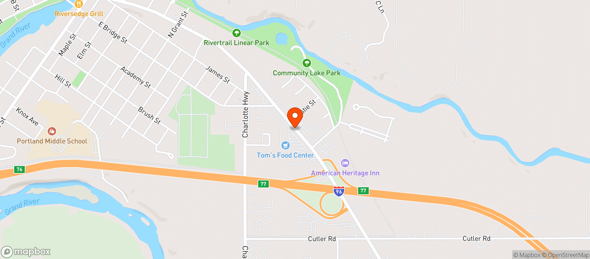 Map showing Toms Food Center