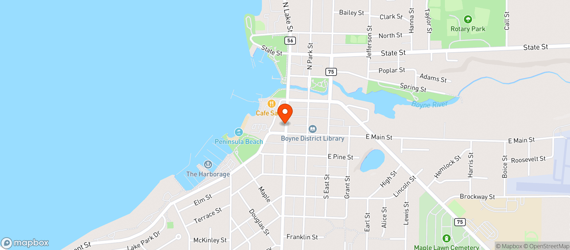 Map showing Boyne City Tap Room