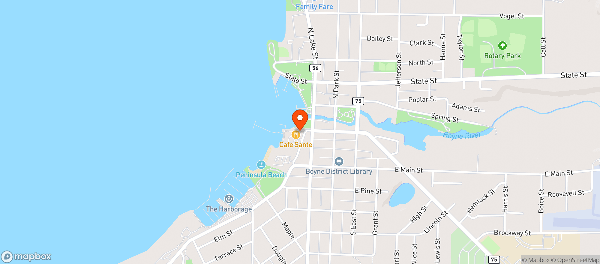 Map showing Cafe Sante